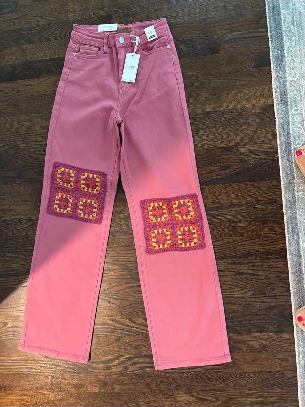 Judy Blue Dusty Rose Straight-Leg Jeans with Crochet Knee Patches